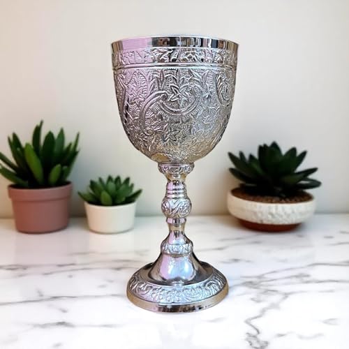 Morcomart Handmade Brass Wine Chalice Goblet – Artisanal Craftsmanship, Antique Vintage Design – Elegant Cups for Wedding, Church, Festive Events (Nickel)