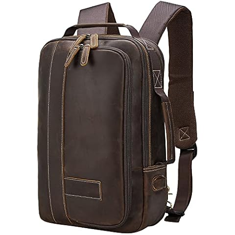 Leather 15.6" Laptop Backpack for Men Convertible Briefcase Backpacks School Bookbag Expandable Vintage Business Work Travel Rucksack Daypack, Brown, Brown, M, Travel Backpacks Cover