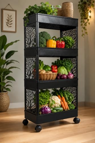 Image of Plastic Multipurpose 4-Tier Floor Mount Corner Shelf Kitchen Organizer Rack /Storage Shelf /Dish Rack /Storage Rack for Kitchen (22cmx40cmx91cm), (Black, 4 Layer)