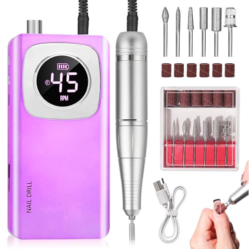 RYUNVOVO Electric Nail Drill, Portable Nail Drill 45000 RPM, Rechargeable Electric Nail File Kit, Cordless Electric Nail File for Acrylic, Manicure & Pedicure - Salon & Home Use, Pink