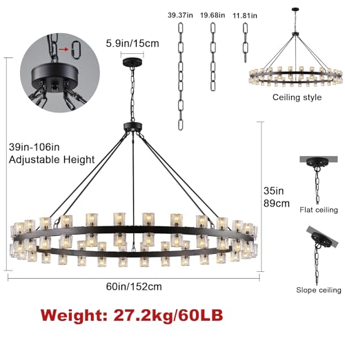 Image of 60 Inch Black Wagon Wheel Chandelier with Crystal Shade, 60 Lights, Modern Farmhouse Style, Ideal for Dining Room, Kitchen, Entryways