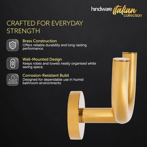 Image of Hindware Italian Collection Robe Hook for Bathroom | PVD Coated | Brass Robe Hook | Luxury Pure Gold Color Finish | Premium Bathroom Accessories Series