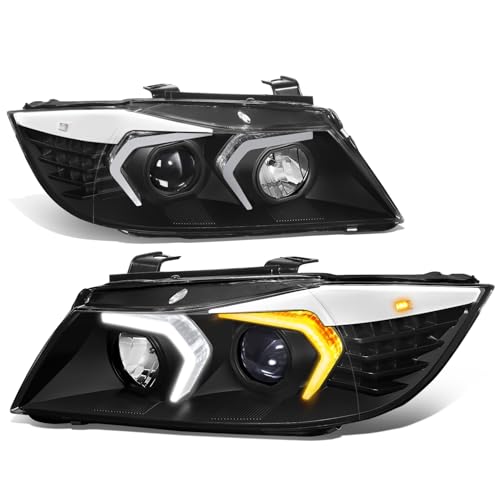 Auto Dynasty LED DRL Headlights Assembly Compatible with 2009-2012 BMW E90 320i 323i 325i 335i 335d 328i 4-Dr Sedan, Left and Right Side, 3D Switchback LED Daytime Running Light Bar, Black Housing