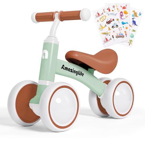 Balance Bike 1 Year Old, 10-24 Months Baby Balance Bike Toys, No Pedal Infant 4 Wheels Toddler Bike, Toddler Ride On Toys, Three Free Cartoon Stickers, First Birthday Gift for Boys Girls, Green