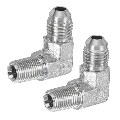 Image of PATIKIL 90 Degree Pipe Adapter, 2 Pcs 7 /16 inch Male 37 Flare JIC x 1 /8 inch BSPT Male Connector Carbon Steel Elbow Fitting for Air Hydraulic Fluid Fuel Water Oil, Silver