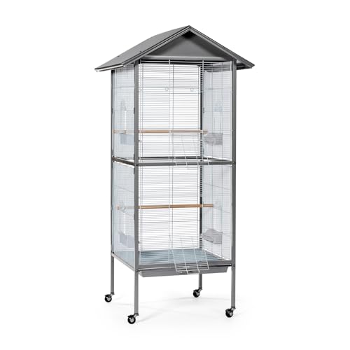 Image of Prevue Pet Products Aviary Large Flight Cage - Powder‑Coated Standing Metal Bird Cage with Wheels, Perches, Feeders & Removable Tray, Ideal for Parakeets, Cockatiels, Canaries & Small Birds - Grey