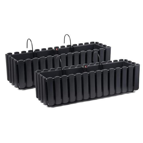 Tymar Blumenkasten mit Halterungen landhausstil, Balkonkasten lattenoptik, Pflanzkasten Landhaus, 2er-Pack, Garten, Balkon, Terrasse (Anthrazit, 60 cm)