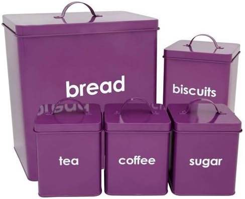 5 Piece Bread Bin Set in Purple including Tea, Coffe, Sugar and Biscuit Canister