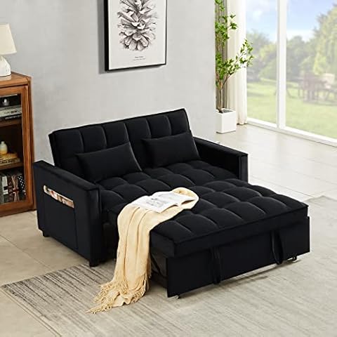 KLMM Modern Convertible Sofa Bed with Adjustable Backrest and 2 Lumbar Pillows, Velvet Loveseat Sleeper Sofa Couch with Pull-Out Bed for Small Spaces Cover