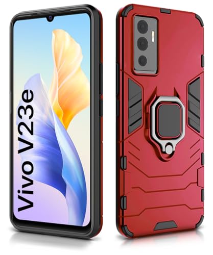 Image of WOW IMAGINE Shock Proof Back Case Mobile Cover for Vivo V23E 5G | for Vivo Y75 4G (Tough Armor | Hybrid PC + TPU | Full Protection with Ring Holder & in-Built Kickstand | Red)