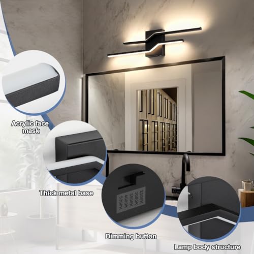 Image of 24 Inch Vanity Light for Bathroom Lighting Fixtures Over Mirror Black Dimmable 5CCT 24W Modern Bath Vanity Lights Bar Wall Sconces