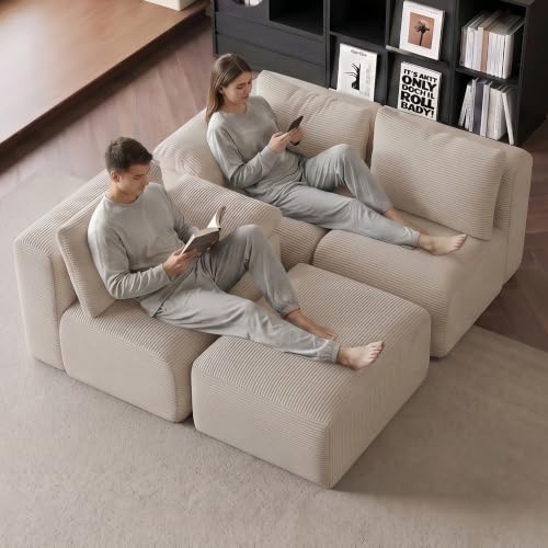 Sofá esquinero modular de pana beige sin montaje que recupera su forma 4