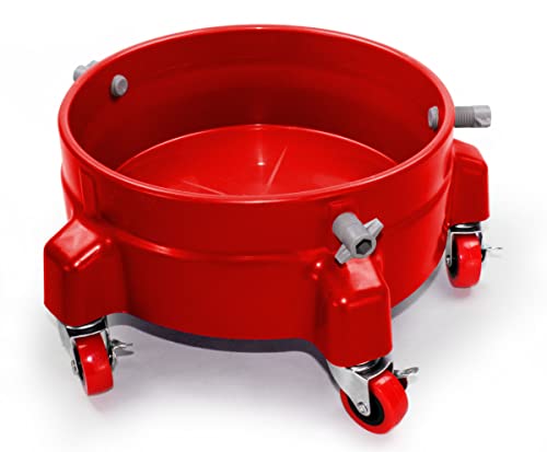 Heavy Duty Car Wash Bucket Dolly with 360 Swivel Casters | Fits 3.57 Gallon Buckets | 300 lb Capacity | Soap Holder | Rolling Pail Stand for Auto Detailing |Red