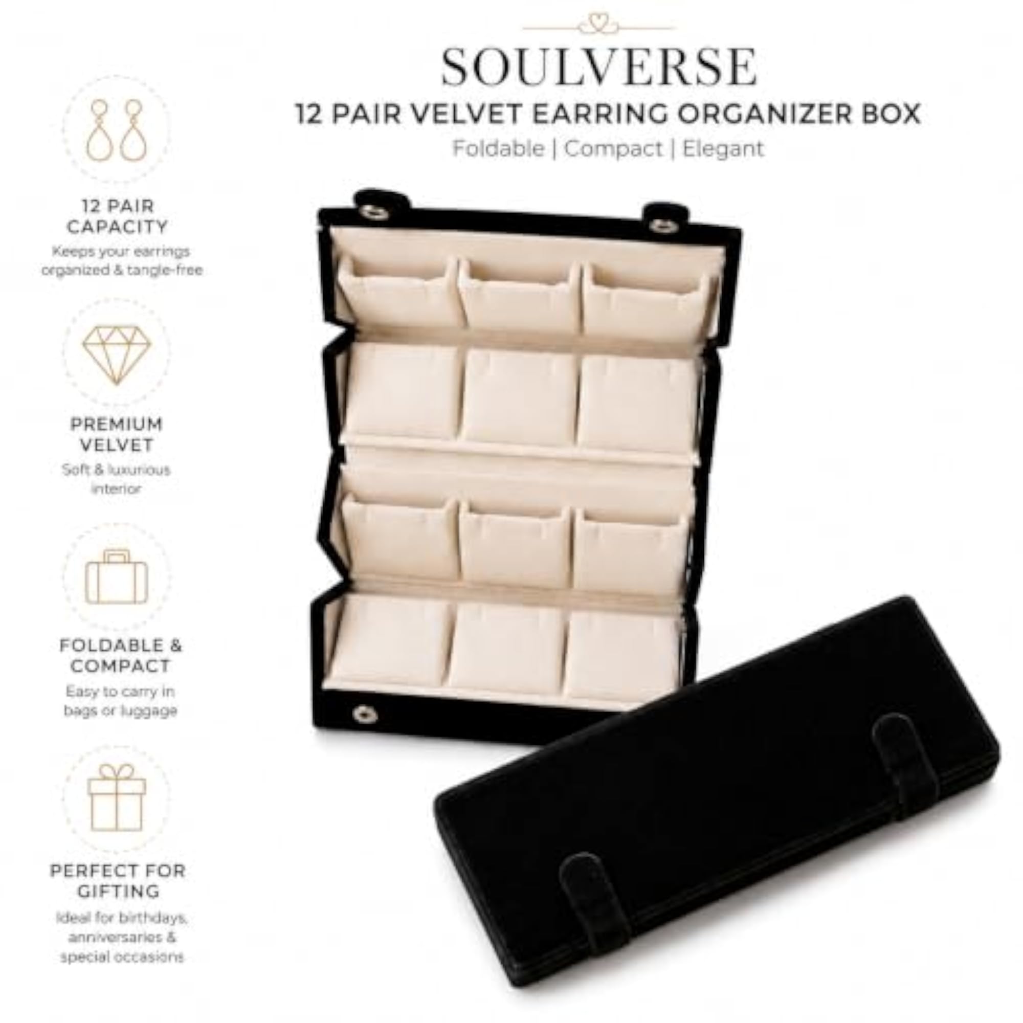 Soulverse Velvet Earring Organizer Box, 12 Pair Capacity