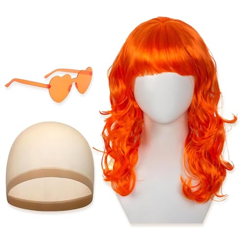 Orange Perücke Damen Komplettset mit Haarnetz und Brille Auffällige Orangene Perücke für Halloween Karneval Cosplay und Tägliches Styling Einheitsgröße