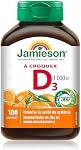 Jamieson Chewable Vitamin D3 1,000 IU Natural Tangy Orange Flavour, Supports Immune Health, Strong Bones and Teeth. Vegetarian, Non-GMO, Gluten-Free, No Artificial Flavours or Colours, 100 Count, Proudly Canadian