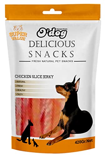 Image of O'Dog Chicken Slice Jerky, Healthy Dog Treats, Chewy Dogs Bites for Training and Feeding, Made with Real Chicken, Non-Vegetarian Pup Snacks for Dogs, Puppies Super Value Pack 420 GMS