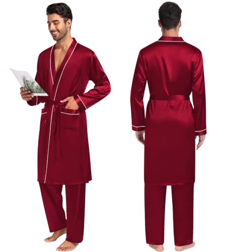 Image of SWOMOG Mens 3 PCS Satin Robe with Pants & Shorts Set Kimono Bathrobe Long Sleeve Sleepwear Pjs Sets with Pockets