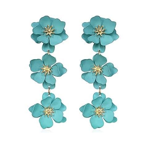 YUNXI Boho Metal Poppy Flower Dangle Earring Matte Painted Dual 3 Layer Tassel Fashion Bohemian Flower Floral Petal Tiered Drop for Women (Green) Cover