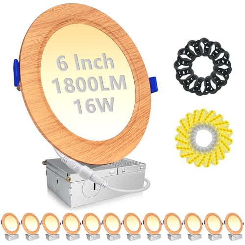 HiBay LED Recessed Lighting 6 Inch, 1800LM 16W 200W Eqv, 5000K Dimmable Canless Recessed Light Fixtures, Wood Grain Wafer Downlights Rustic Farmhouse Style, 12 Pack 6 Inch 16W 5000k - Daylig