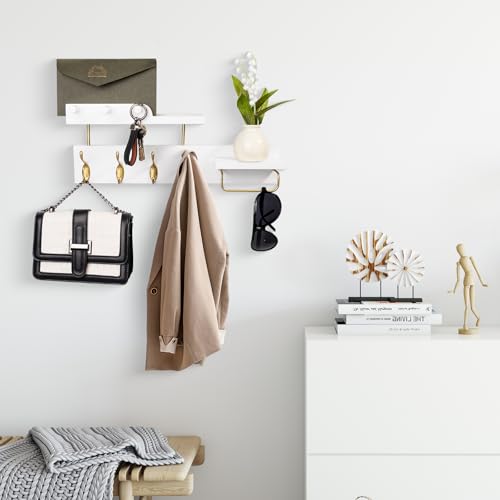 Lampaggio Perchero de pared con estante, ganchos de madera 4 en 1 con soporte para llaves y correo, estante colgante de entrada de 17 pulgadas con soporte para gafas de sol y 4 ganchos de metal para - imagen 4