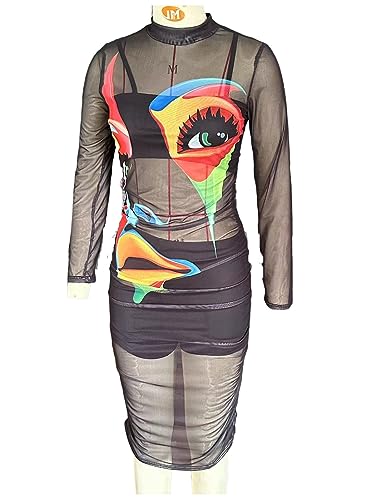 Women Sexy 3 Piece Outfits Set See Through Print Long Sleeve Midi Dress Sheer Mesh Crop Tank Tops Bodycon Skirt4