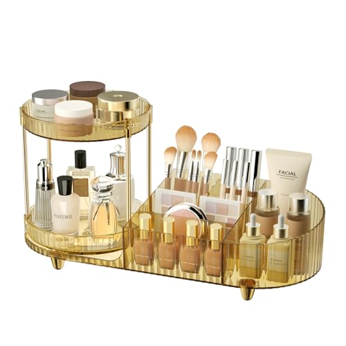 Image of Rotating Makeup Organizer for Vanity, 2 Perfume Trays with 5 Compartments Cosmetic & Skincare Storage, Space Saving Beauty Organizers, Multi-Purpose Countertop Organizers for Bathroom, Desktop, Pantry