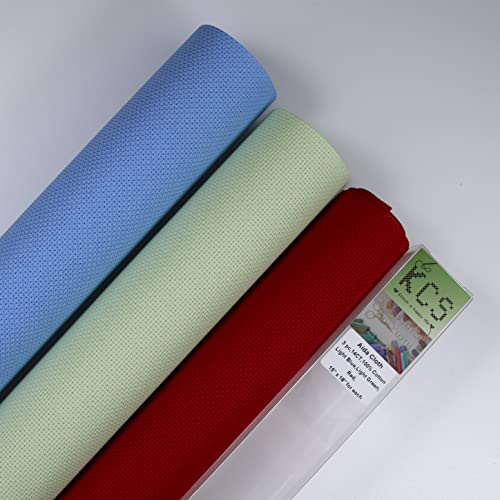 Image of KCS 3 pc of 15 inch x 18 inch Counted Cross Stitch Cotton Aida Cloth Needlework Fabric,14CT,Light Blue+Light Green+Red