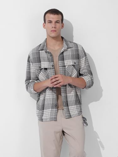 Image of THE INDIAN GARAGE CO Men Regular Fit Checkered Full Sleeves Cutaway Collar Casual Overshirt
