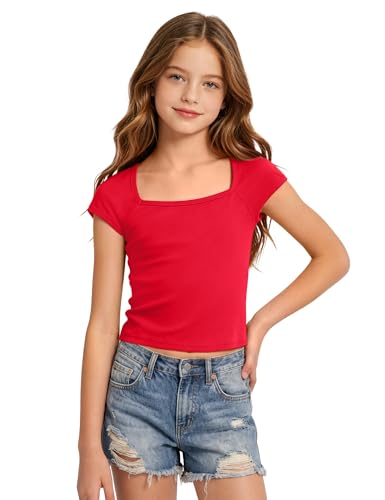 Image of Crop Tops for Girls Short Sleeve Shirt Girls Summer Tops Square Neck Slim Fit Tops Basic Tee