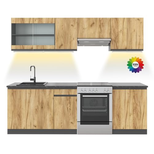 Vicco Cuisine Raul, Chêne doré/Anthracite, 240cm sans Plan de Travail avec Bande LED, avec modules à Position Variable et Pieds réglables en Hauteur
