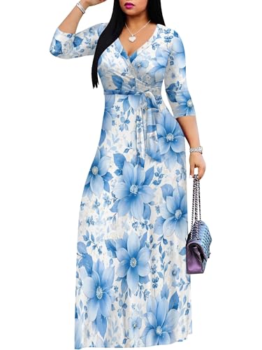 Image of Women Plus Size Long Sleeve V Neck Maxi Dress with Belt | Soft fabric relaxed fit three quarter sleeve v neck with pockets for party and daily wear
