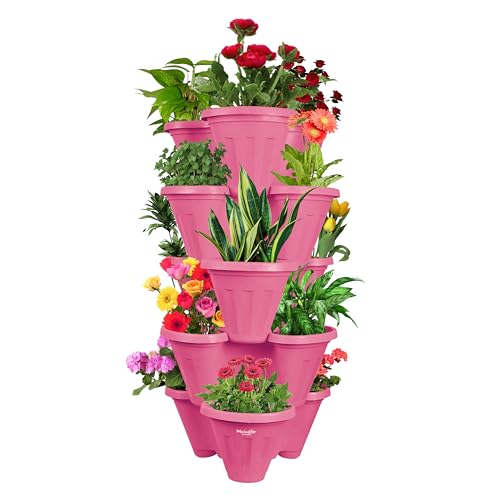 Sharpex Stacking Flower Pot Tower, Flower Pot Indoor Modern Decorative Plastic Pots, 5 Tier Gardening Tower Decoration Gift Outdoor, for All House Plants, Herbs, Flowers, and Seeding Nursery Sharpex Stacking Flower Pot Tower, Flower Pot Indoor Modern Decorative Plastic Pots, 5 Tier Gardening Tower Decoration Gift Outdoor, for All House Plants, Herbs, Flowers, and Seeding Nursery
