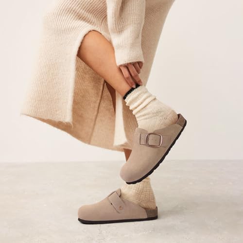 KIDMI Genuine Suede Clogs for Women Memory Foam Cork Footbed Potato Shoes Slip On Leather Mules with Big Buckle