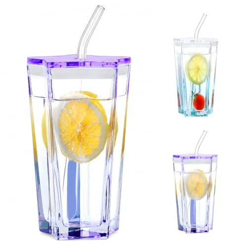 Image of Glass Cup with Lid and Straw - 350ml, Set of 1, Drinking Cup Set with Lids Straws, Cute Pentagram Design Color Glass Tumbler Cup for Smoothie Soda Ice Tea