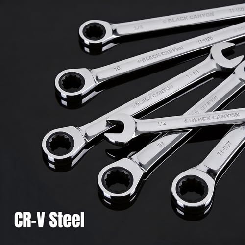 Image of BLACK CANYON 1 /4 Inch Ratchet Combination Wrench, 12-Point Box End & Hex Opening, Polished Steel Ratcheting Wrench with SAE & Metric Sizes