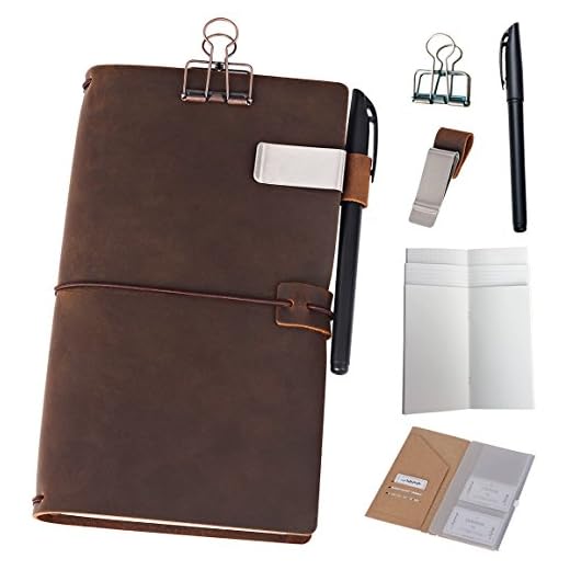 newestor Refillable Leather Journal Travelers Notebook - 8.5 x 4.5 Travel Diary with 5 Inserts + Pen Holder and Binder Clip, Standard Size, Brown