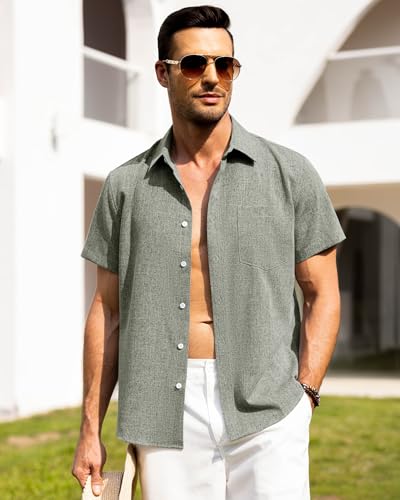 Image of Alimens & Gentle Mens Linen Shirts Short Sleeve Button Down Shirts Wrinkle Free Casual Vacation Beach Summer Tops