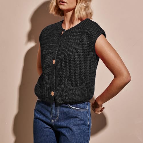 Image of UAURORAO Women Chunky Sweater Vest Button Down Crochet Cable Knit Cardigan Sleeveless Open Front Knitted Crop Waistcoat