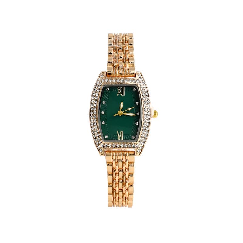 Women's The Embellished Oblong Watch | California Gold Stainless Steel Strap | Forest Green Dial | One-Size | Foldover Closure | Quartz | Battery | Wrist Belt Watch for Female and Girls-image-16