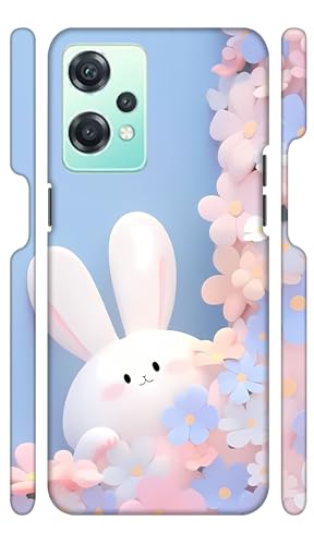 Image of White Bunny Blue Flowers Designer Printed Hard Back Cover for Oneplus Nord CE 2 Lite 5G Attractive and Uniquely Crafted Smartphone Case