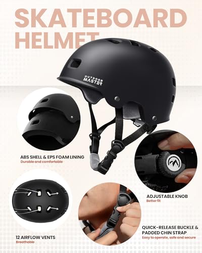 OutdoorMaster Skate Protective Gear Set for Adult & Youth, Skateboard Helmet Knee and Elbow Pads with Wrist Guards for Scooter, Inline Roller Skating, Skateboarding - Image 3