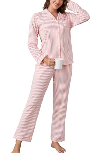 Image of LUBOT 100% Cotton Pajamas for Women Pajama Set Soft 2 Piece Sleepwear PJ Set Long Sleeve Knit Button Cozy Loungewear XS-XXL