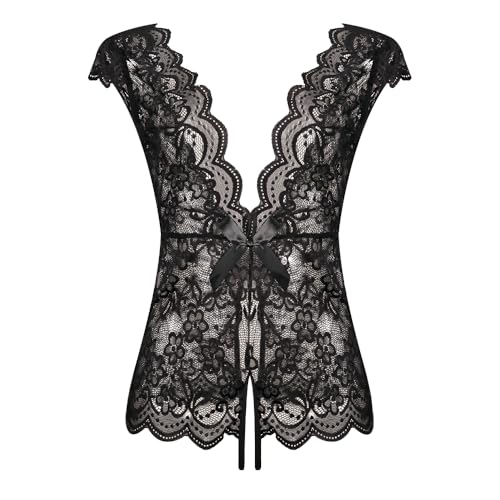 Satohom Damen Babydoll Body Sexy Spitze Bodysuit Set Weihnachten Reizwäsche Set Offener Schritt Durchsichtige Rückenlos Tiefer V-Ausschnitt...