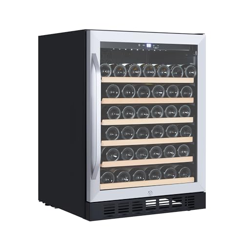 24 Inch Wine Refrigerator - 46 Bottle Single Zone Wine Cooler with Digital LED Touch Screen, Quiet Compressor & Lockable Door - Freestanding or Built-In Drink Cabinet for Home, Bar, Kitchen, Black