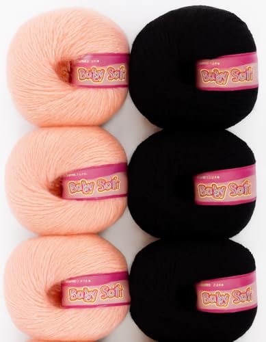 Image of Vardhman BabySoft Knitting Yarn | 100% Acrylic Wool | 4 Ply | Thin Knitting & Crocheting Hook Thread & Lightweight | Special Baby Wool | 150 Grams (6 Balls of 25g) | Machine Washable | Ideal for Blankets, Hats, Booties Ultra-Soft for Baby Sweaters, Blankets, Caps, Socks, Soft toys, Art & craft (Tropical Peach 12 + Black 21)