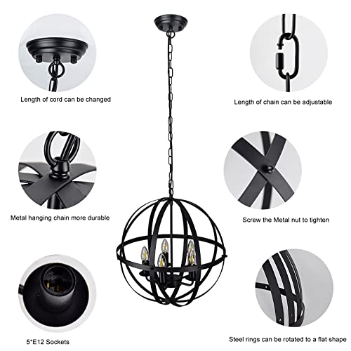 Dllt Pendant Light Metal, 5-Light Globe Pendant Lighting, Adjustable Hanging Ceiling Chandelier Light Flush Mount For Kitchen, Dining Room, Living Room, Hallway, Bedroom, Entryway, E12-Matte Black #TOP5