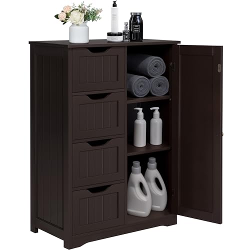 Image of Yaheetech Wooden Bathroom Floor Cabinet, Side Storage Organizer Cabinet with 4 Drawers and 1 Cupboard, Freestanding Entryway Storage Unit Console Table, Home Decor Furniture, Brown