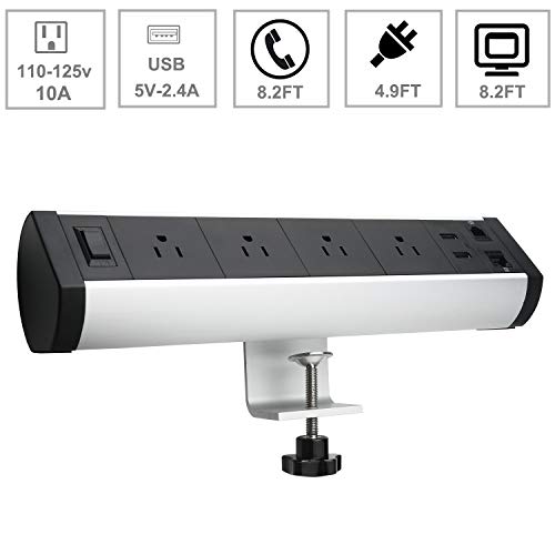 4 Outlet Clamp Mount Power Strip with 2 USB Charging, Surge Protector All-in-One