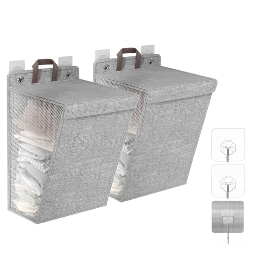 Kaluofan - Juego de 2 cestas plegables para la colada - Montaje en pared - con tapa - con asa - Almacenamiento que ahorra espacio - con gancho